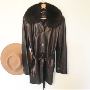 St. John leather coat with fox fur collar